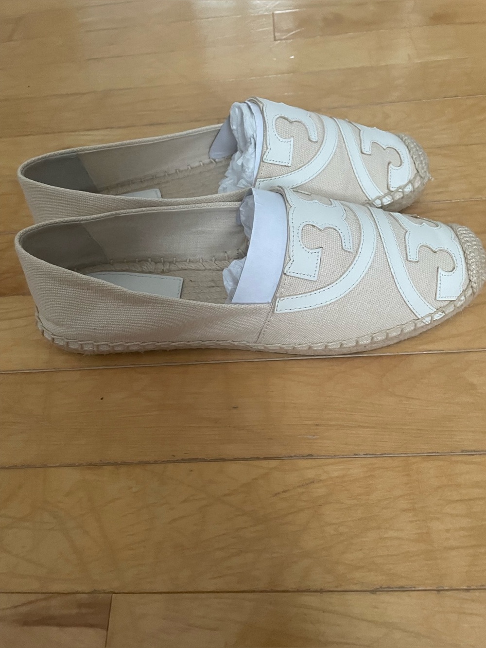 Tory Burch Cream Canvas & White Leather Logo Espadrille Flats - Picture 9 of 12